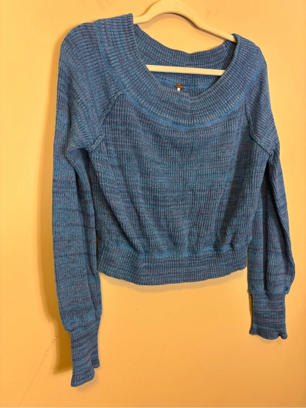 Free People Blue and Purple Cropped Boatneck Knit Sweater XL